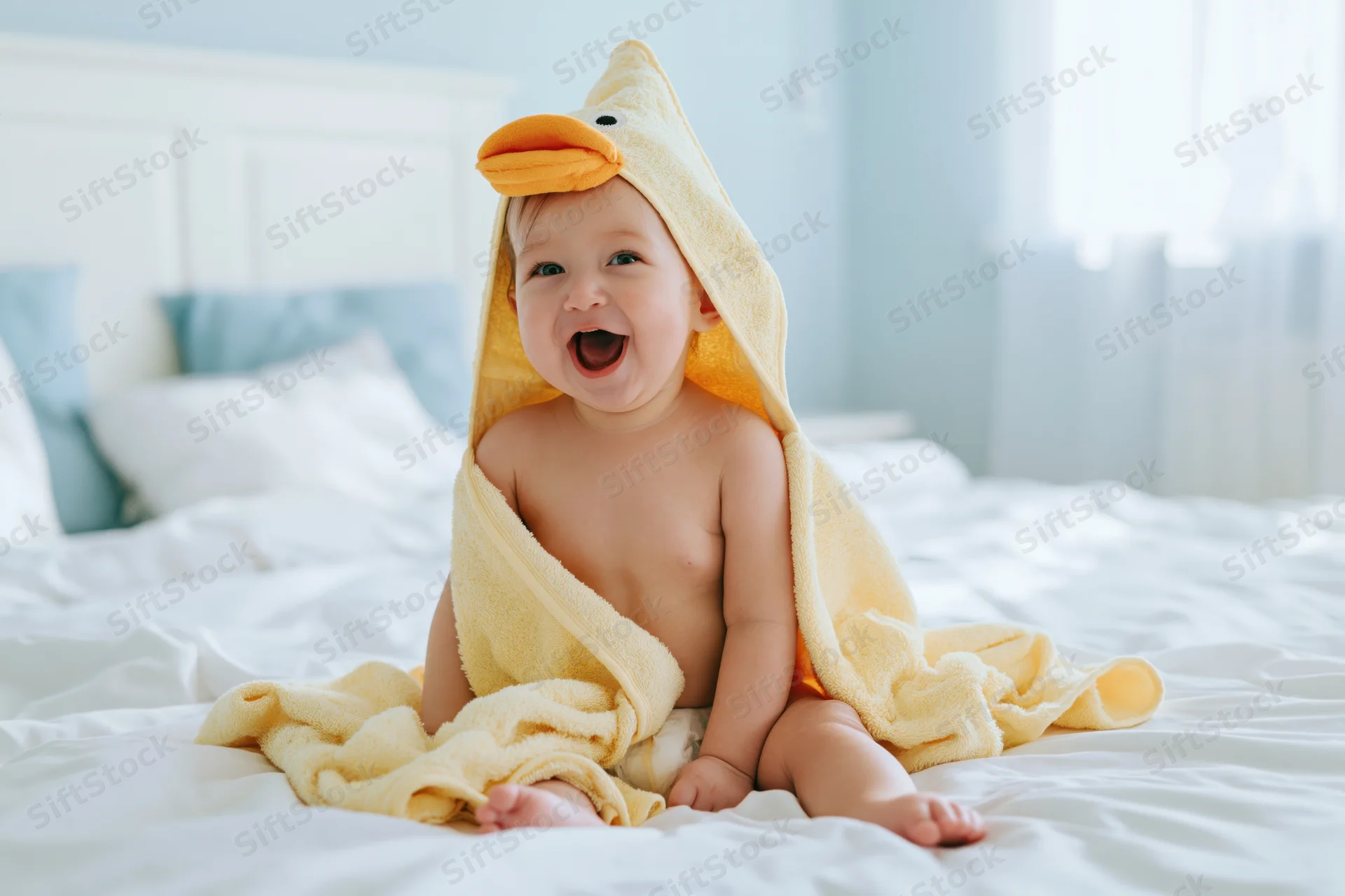 Laughing baby sitting on white bed wrapped in yellow hooded towel