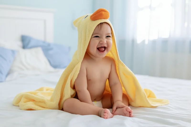 Laughing baby sitting on white bed wearing yellow hooded towel