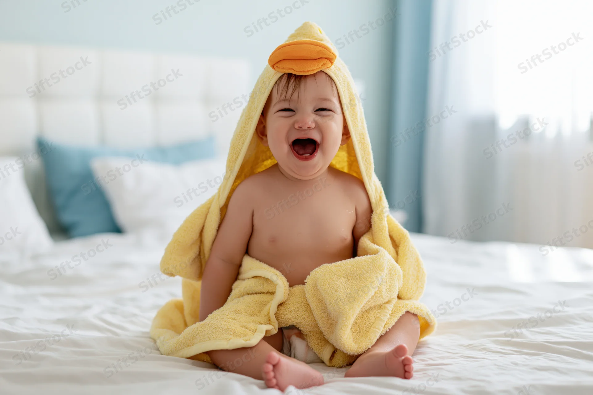 Laughing baby sitting on white bed wrapped in yellow hooded towel