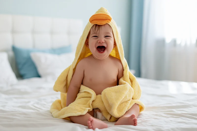Laughing baby sitting on white bed wrapped in yellow hooded towel