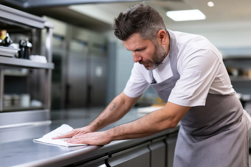 Chef wiping stainless steel countertop in commercial kitchen