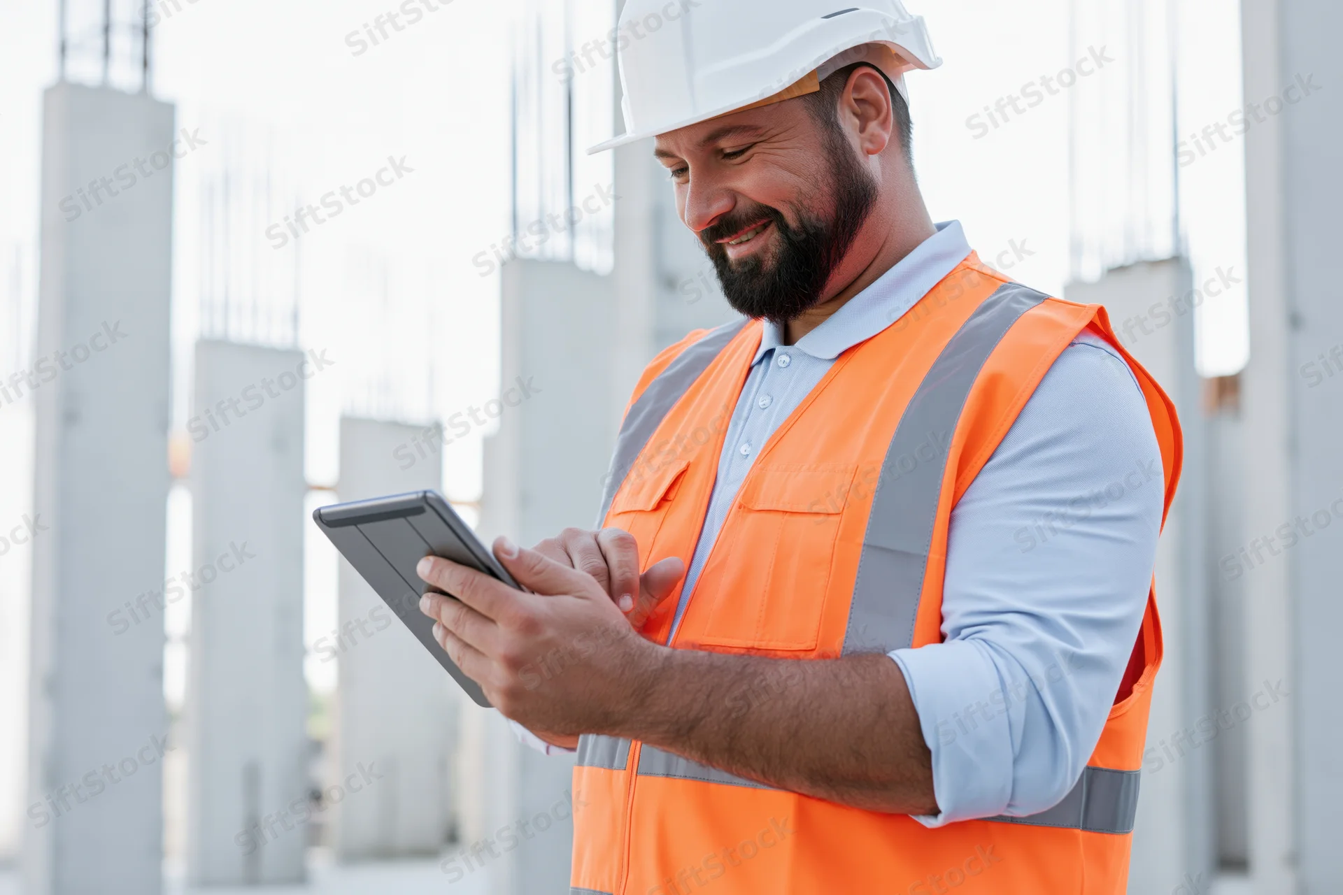Male construction engineer reviewing plans on tablet at building site