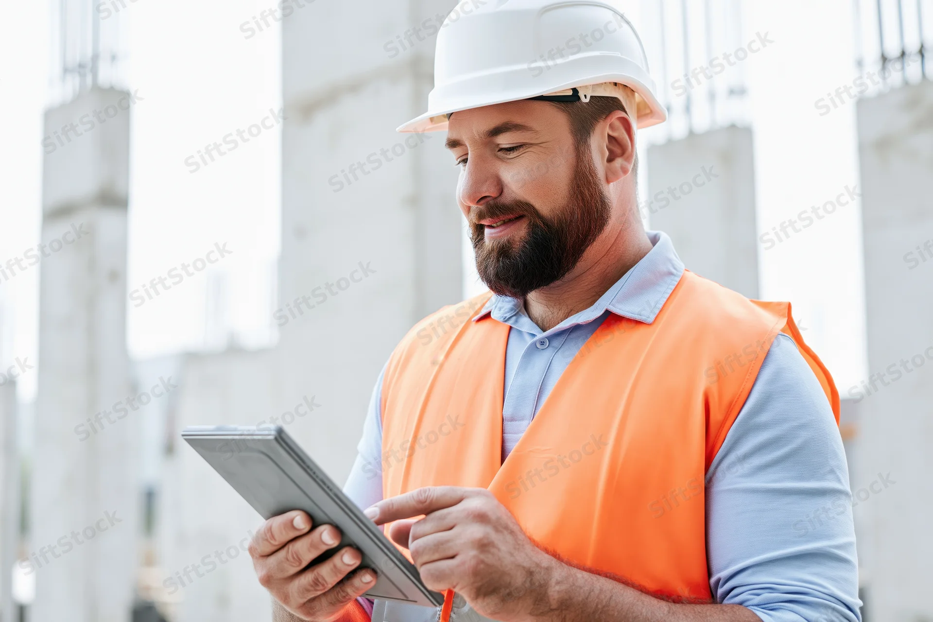 Male construction engineer reviewing plans on tablet at building site