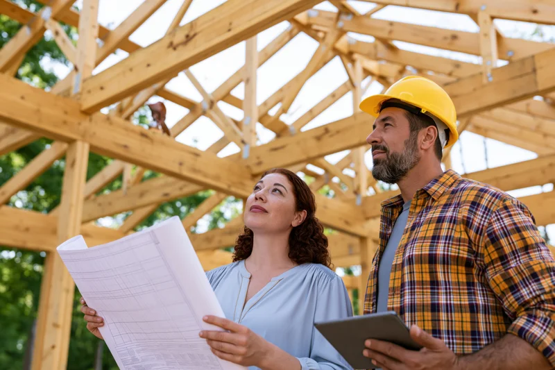 Man and woman reviewing blueprints and tablet at wooden house frame construction site
