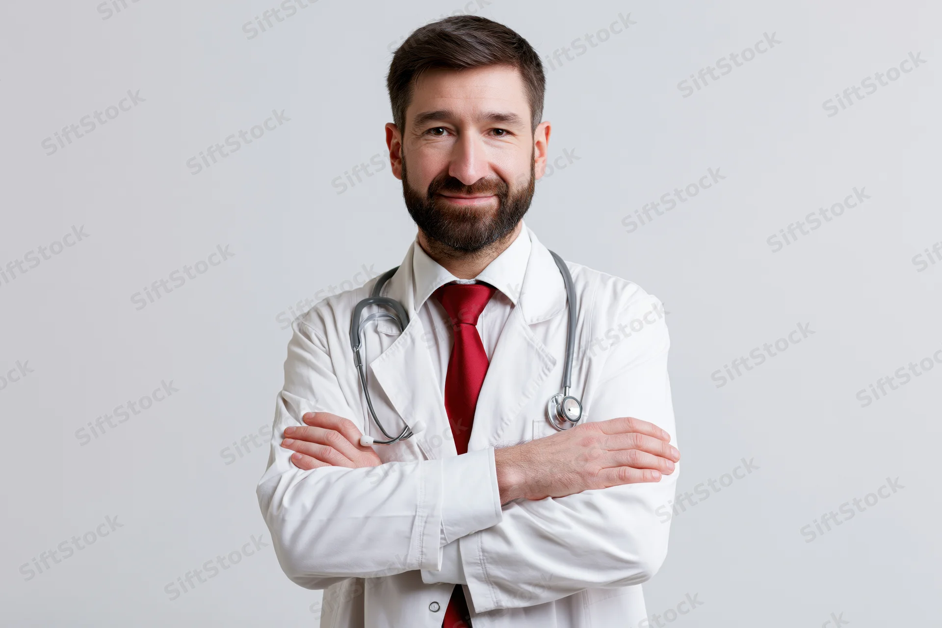 Male doctor with arms crossed wearing white coat and stethoscope in studio setting