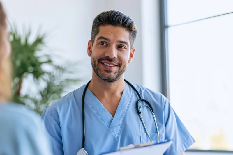 Male doctor in blue scrubs smiling while consulting with a patient in a clinic office