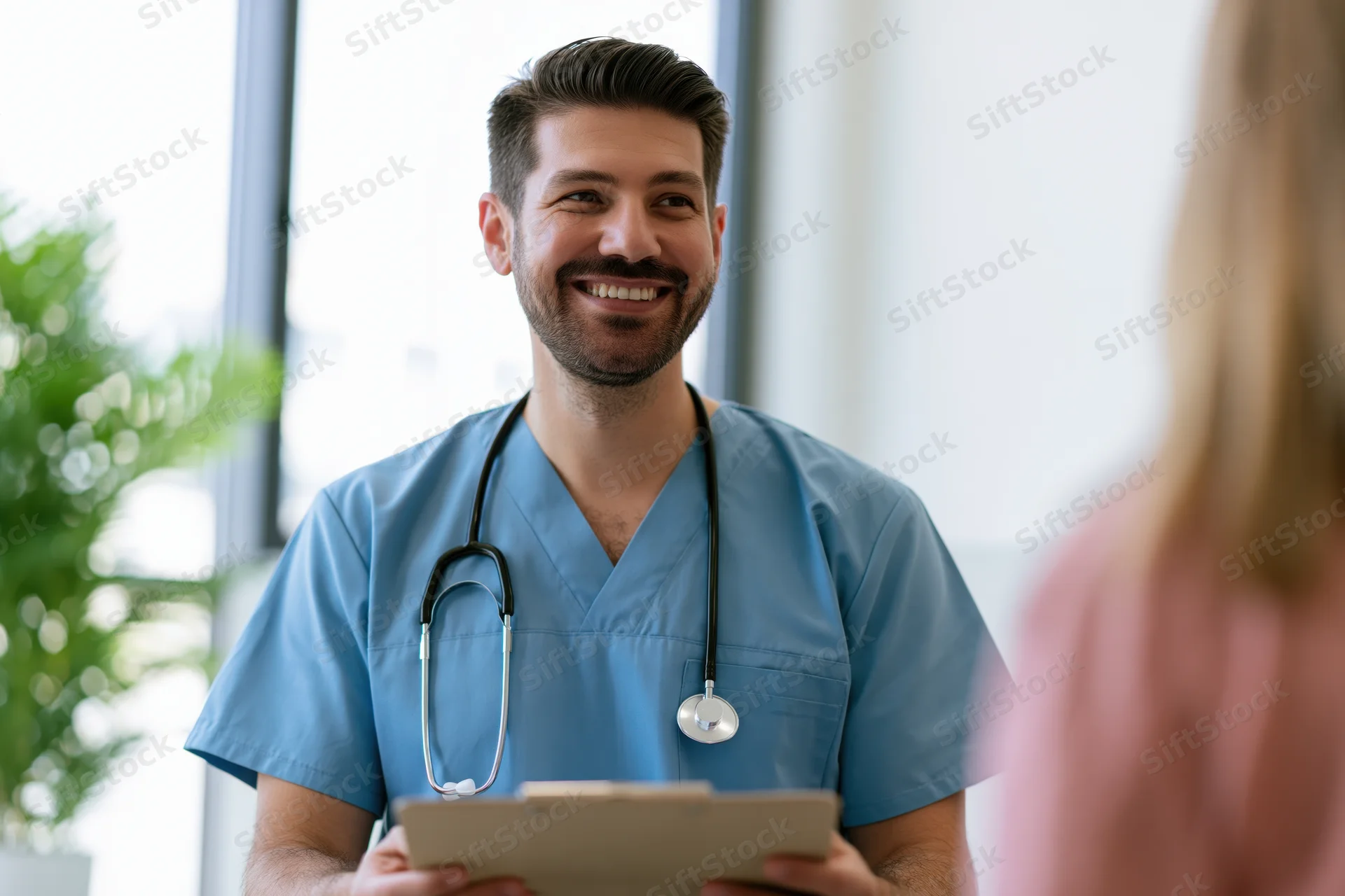 Male doctor in blue scrubs smiling while holding clipboard during patient consultation in clinic