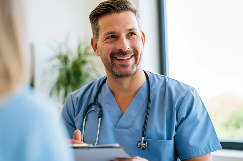 Male doctor in blue scrubs smiling while consulting with a patient in a clinic office