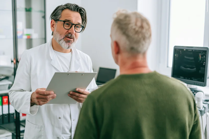 Male doctor in white coat holding clipboard during consultation with patient in clinic