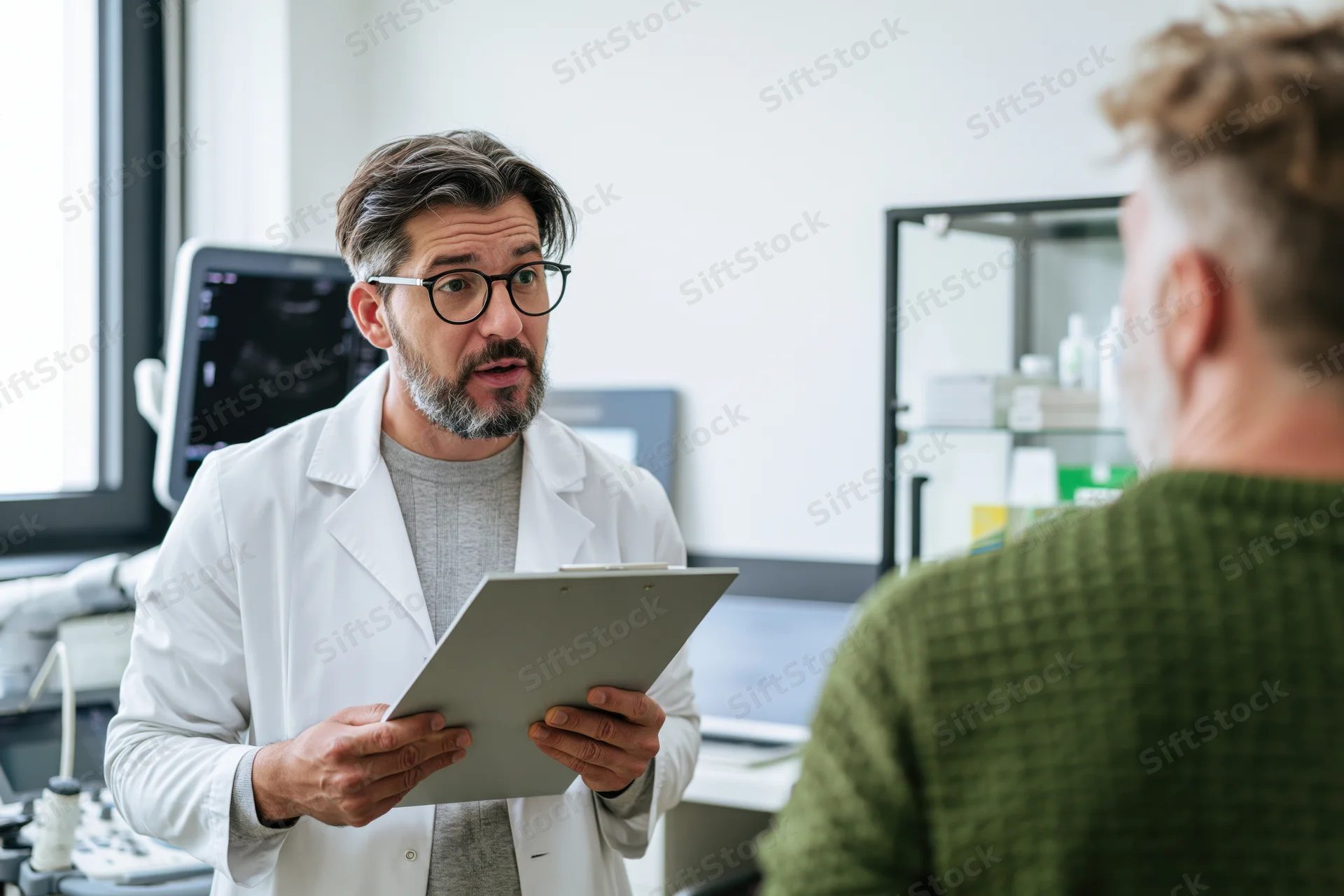 Male doctor in white coat holding clipboard during consultation with patient in clinic