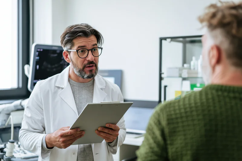 Male doctor in white coat holding clipboard during consultation with patient in clinic