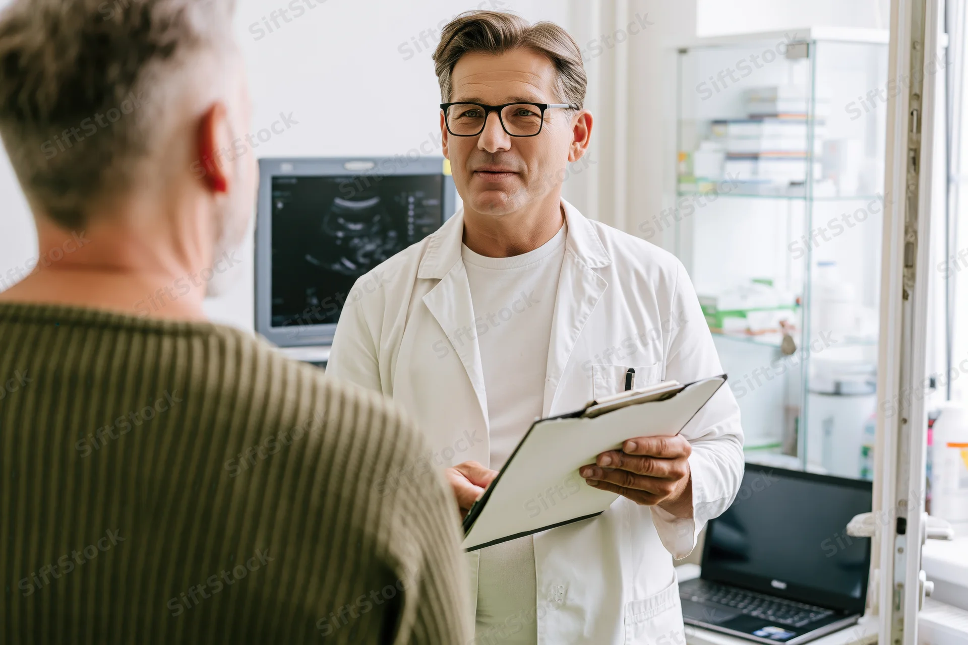Male doctor in white coat holding clipboard during consultation with patient in clinic