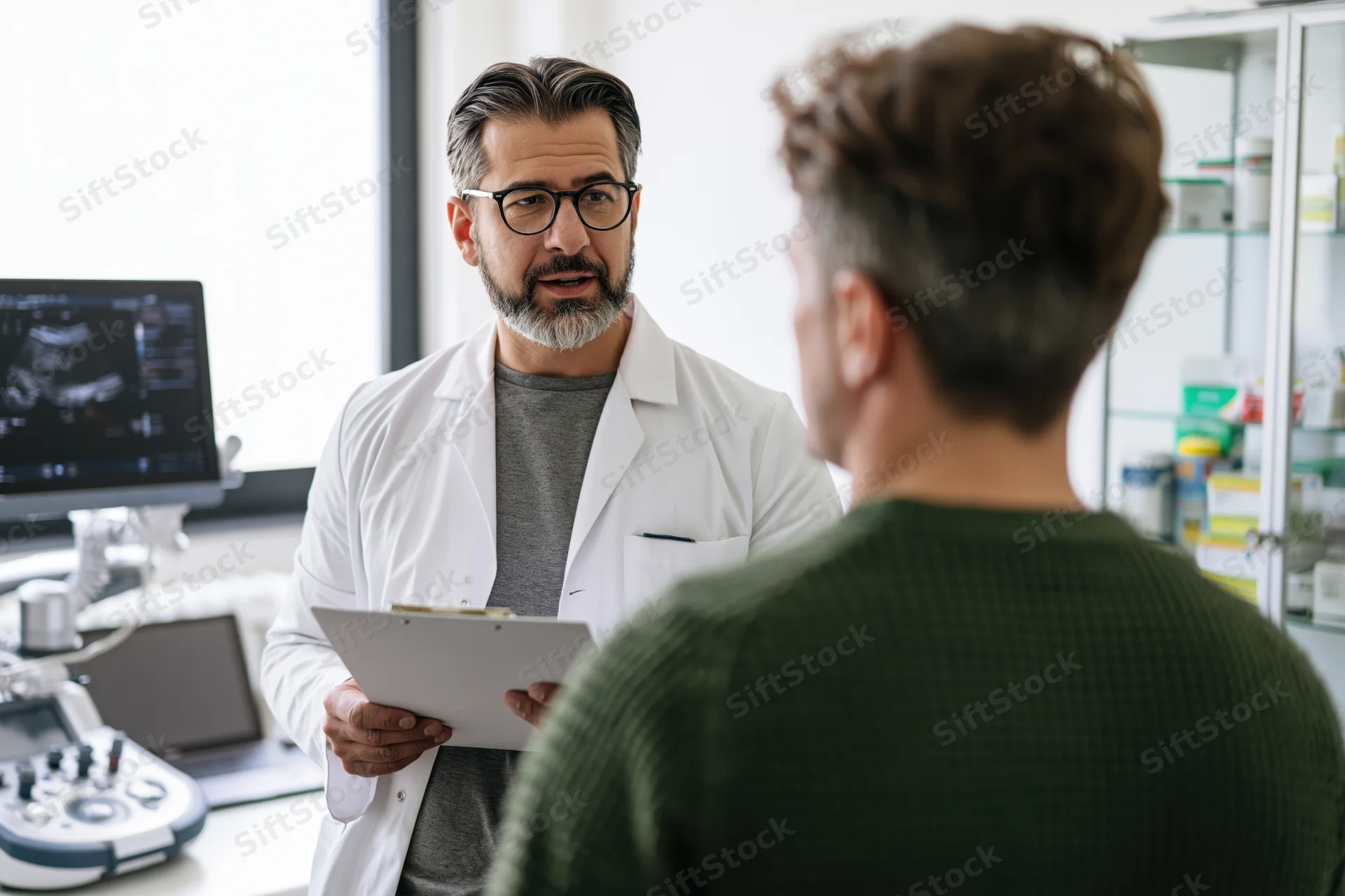 Male doctor in white coat holding clipboard discussing with patient in clinic