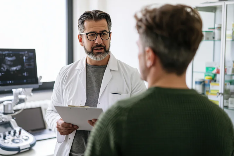 Male doctor in white coat holding clipboard discussing with patient in clinic
