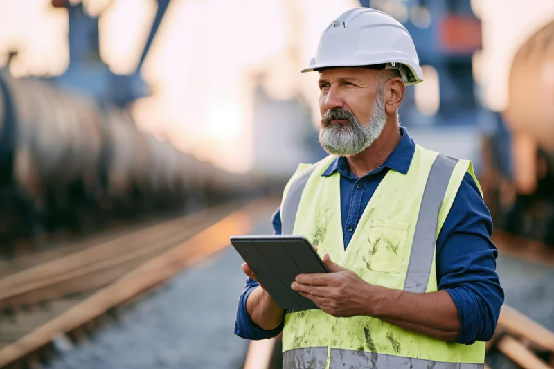 Senior male engineer in white hardhat and yellow safety vest holding tablet during inspection at railway construction site