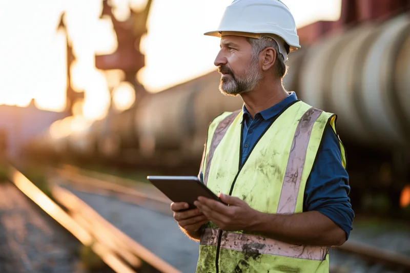 Male engineer in white hard hat and yellow safety vest holding tablet on railway freight yard at sunset
