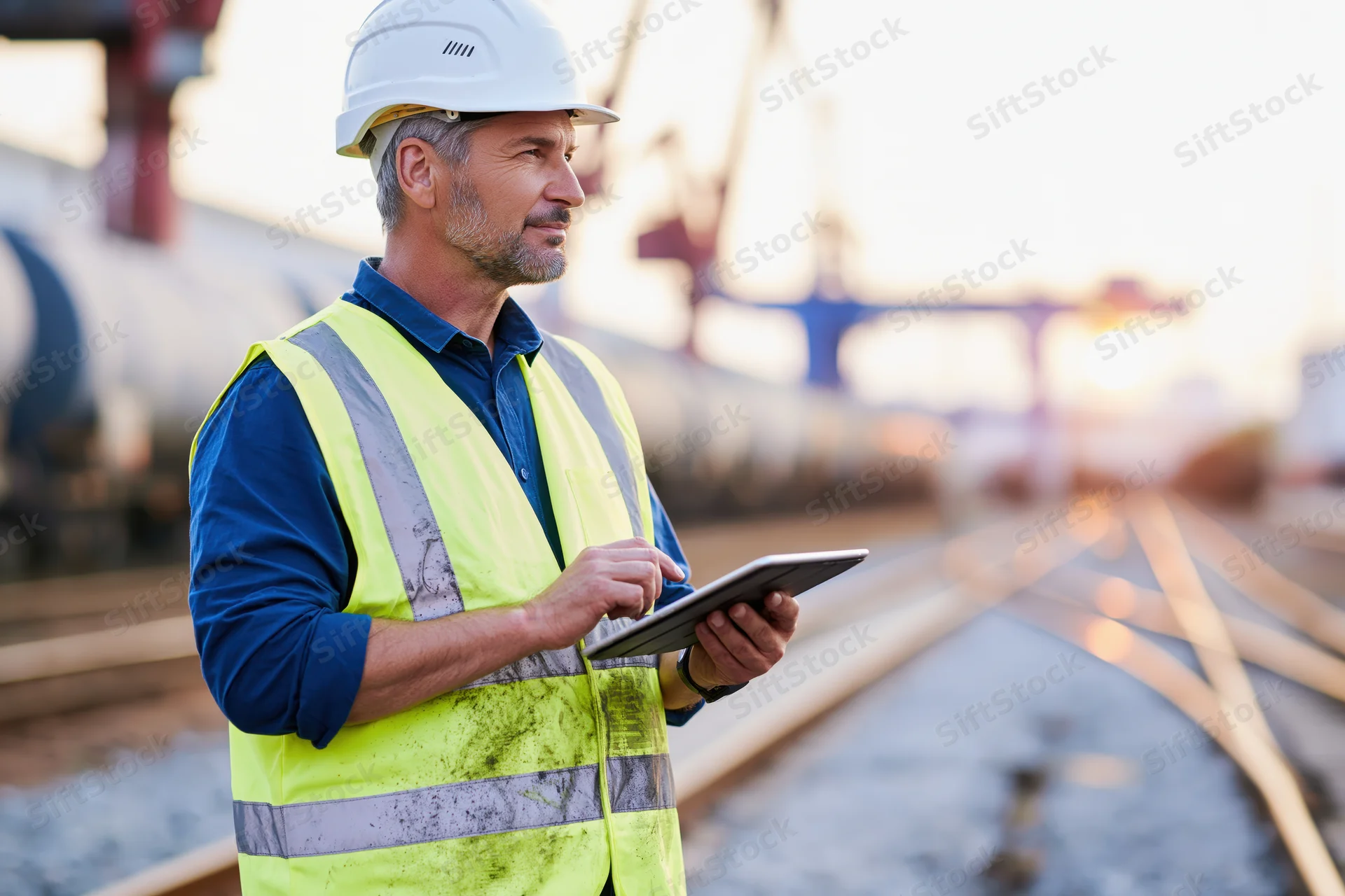 Male engineer in white hard hat and yellow safety vest holding tablet on construction site near rail tracks and cranes