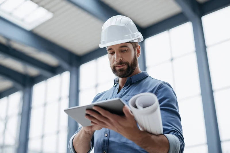 Male engineer in white hardhat reviewing tablet while holding rolled blueprint on construction site