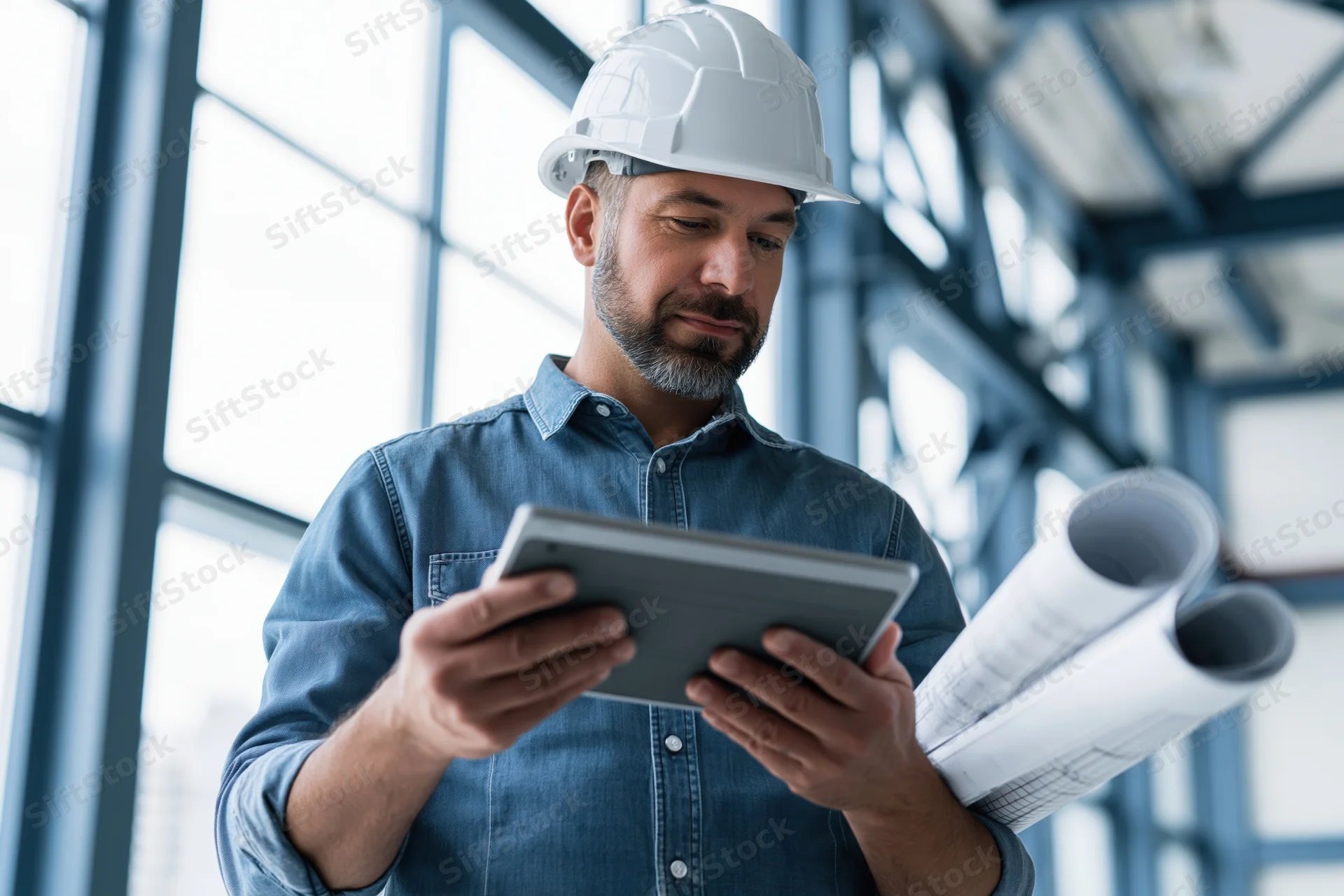Male engineer in white hardhat reviewing tablet with blueprints at construction site