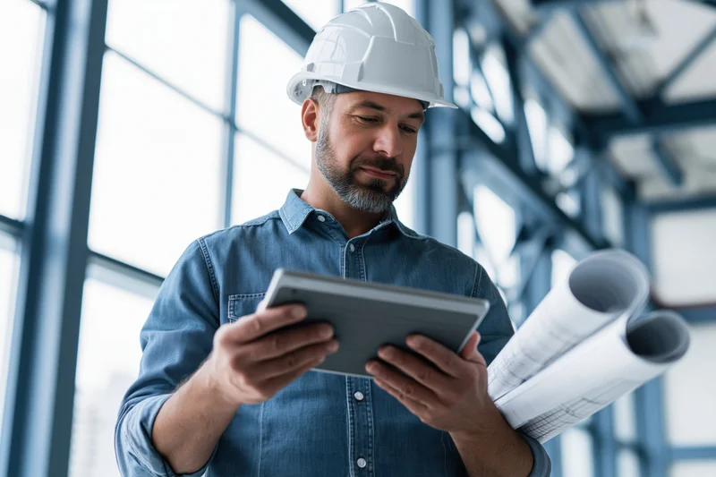 Male engineer in white hardhat reviewing tablet with blueprints at construction site