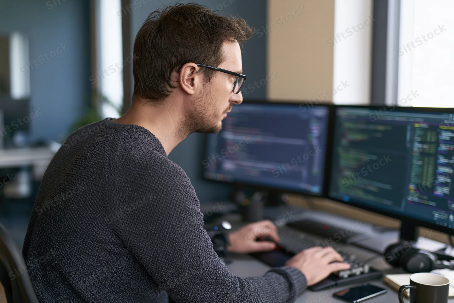 Male software developer typing at dual monitors in office workspace