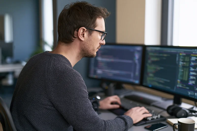 Male software developer typing at dual monitors in office workspace