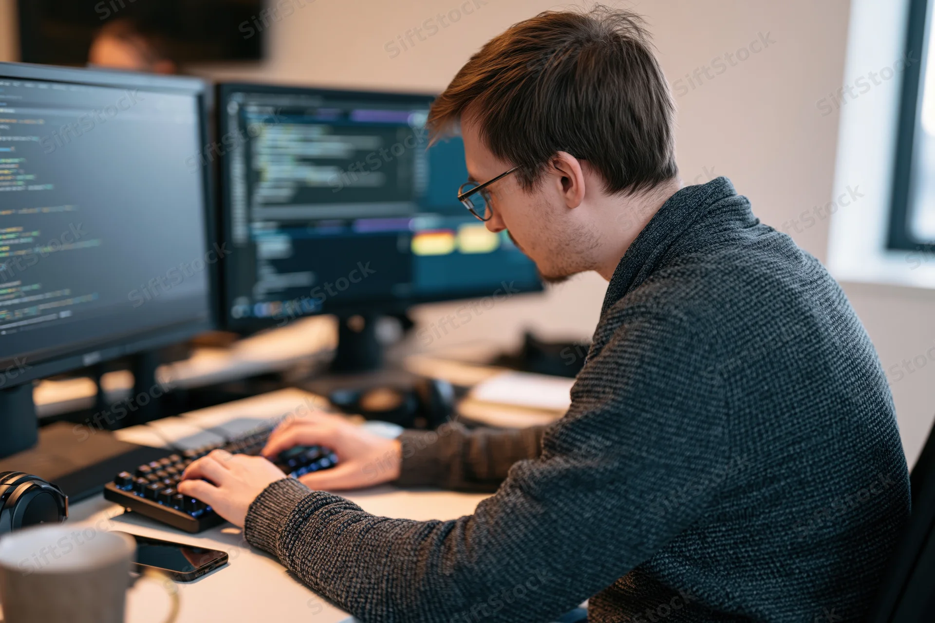 Male software developer typing on keyboard at dual-monitor desk in office workspace