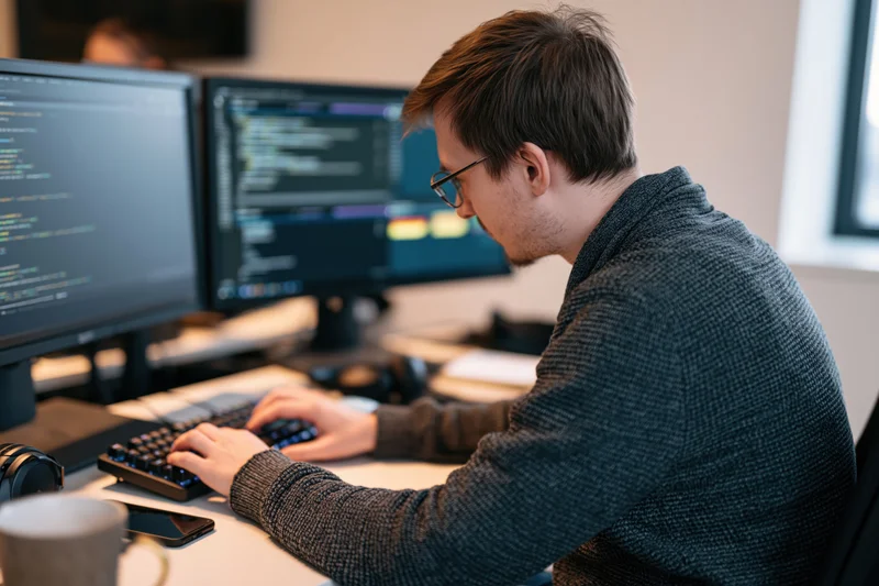 Male software developer typing on keyboard at dual-monitor desk in office workspace