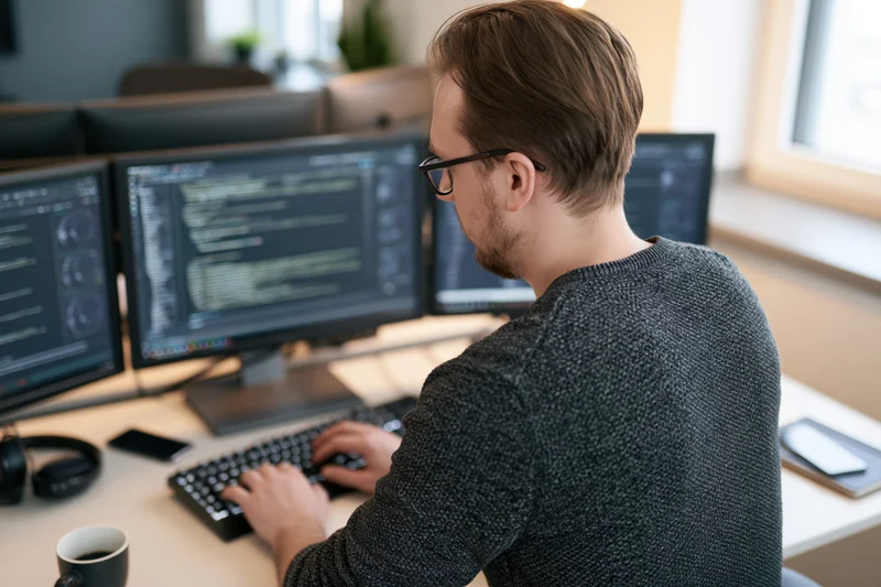 Male software developer typing on keyboard at desk with multiple monitors in office workspace
