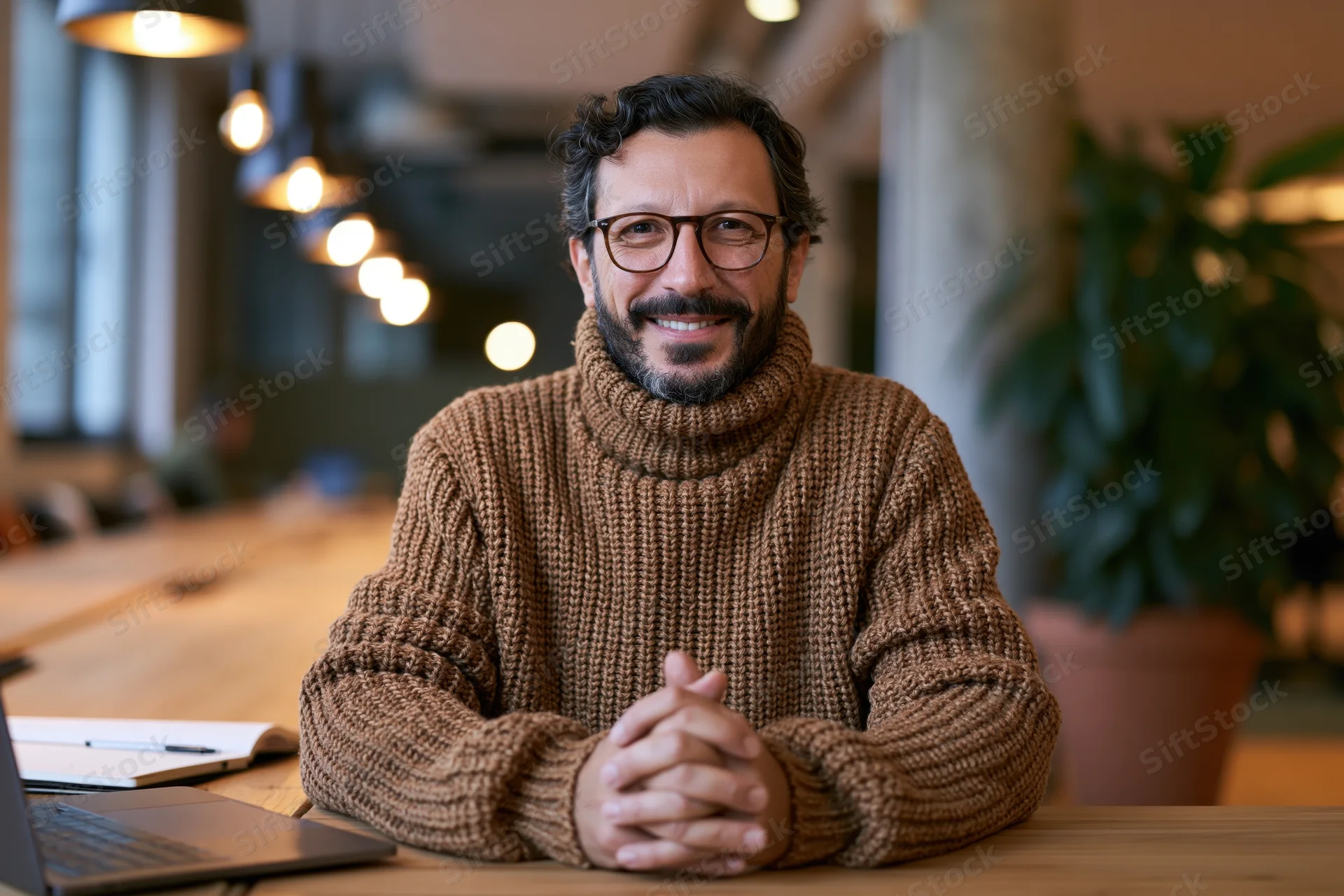 Man in brown turtleneck sweater smiling with clasped hands at wooden desk in modern office workspace