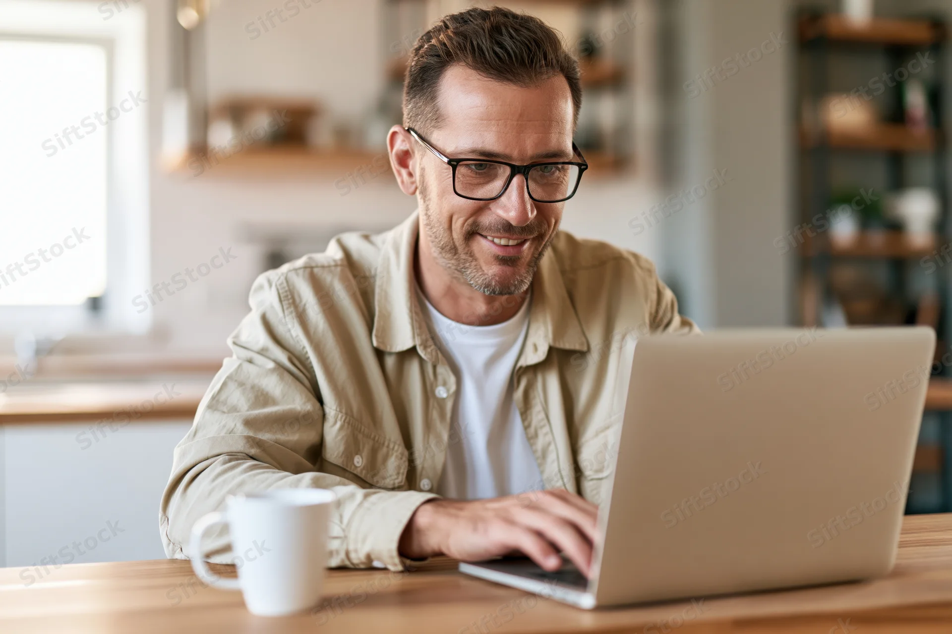 Man working on laptop at wooden dining table in kitchen
