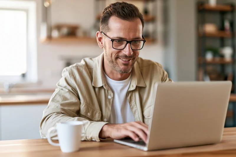 Man working on laptop at wooden dining table in kitchen