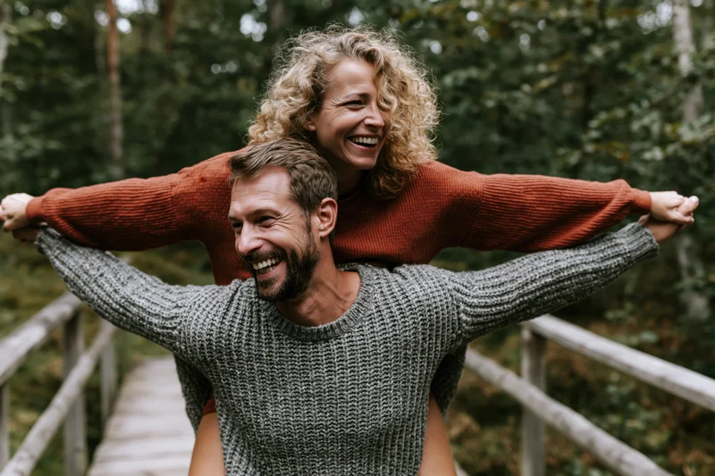 Man giving woman a piggyback ride on a wooden bridge in a forest trail