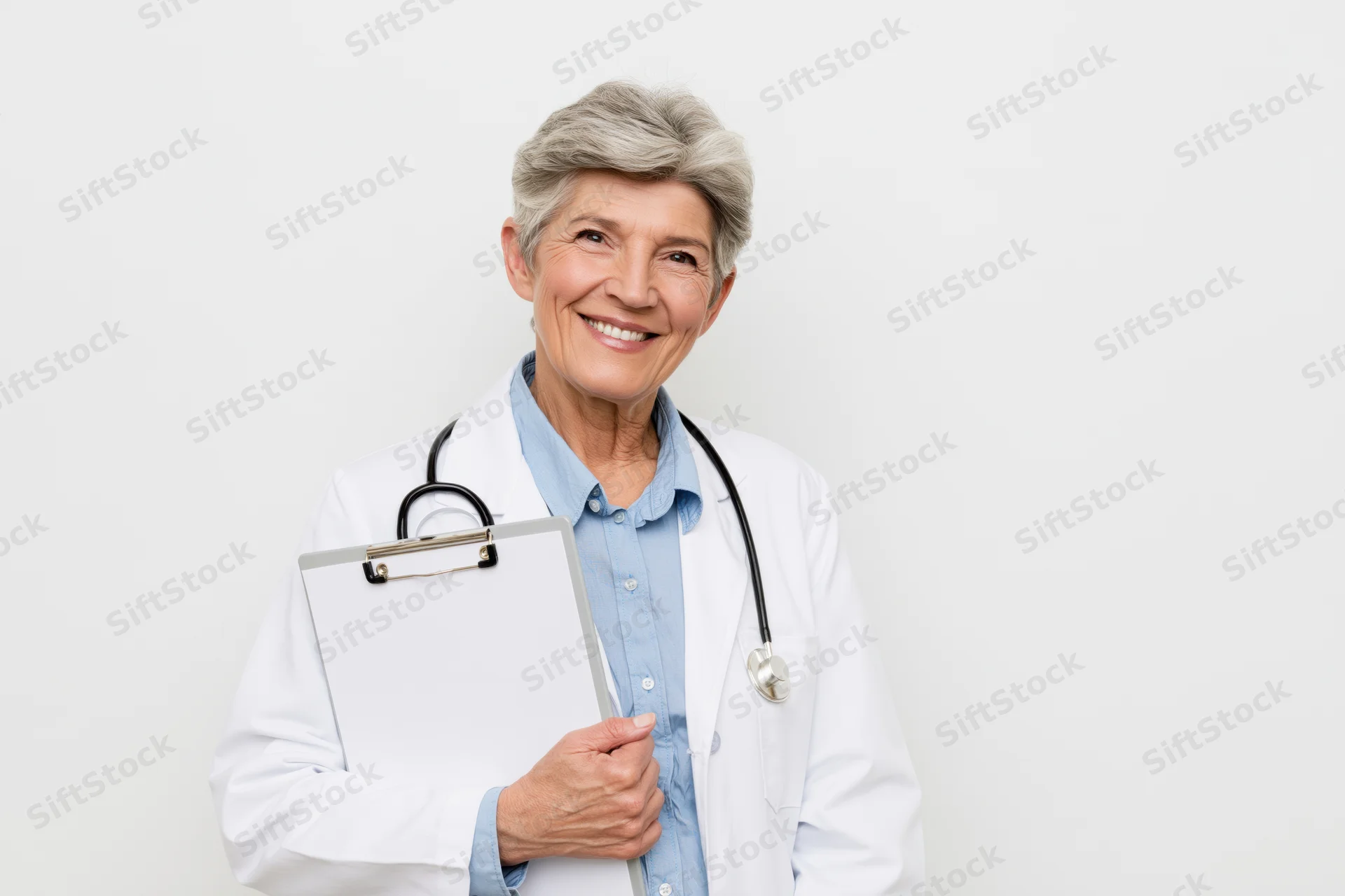 Senior woman doctor smiling while holding clipboard in white coat with stethoscope around neck
