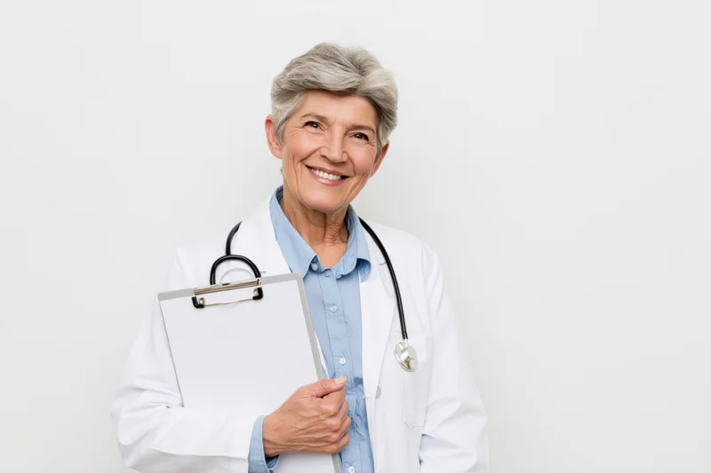 Senior woman doctor smiling while holding clipboard in white coat with stethoscope around neck