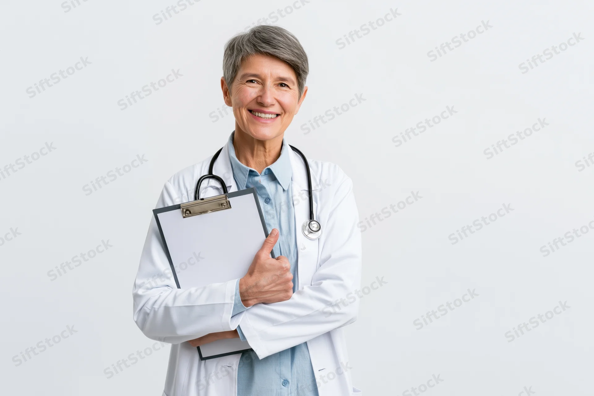 Smiling senior woman doctor in white lab coat holding clipboard with stethoscope around neck against white background
