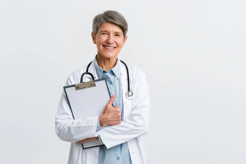 Smiling senior woman doctor in white lab coat holding clipboard with stethoscope around neck against white background