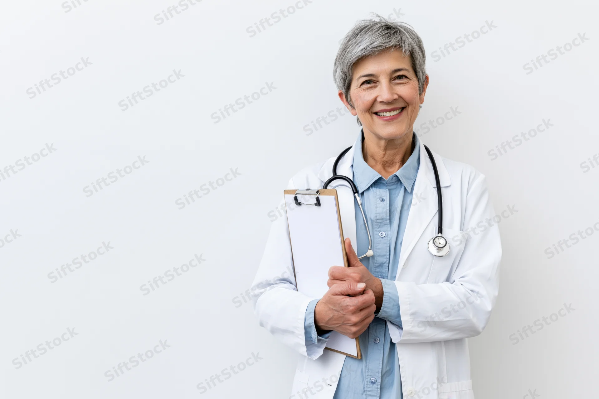 Smiling mature female doctor in white lab coat holding clipboard against white background