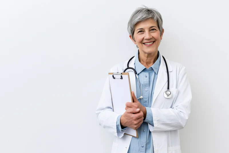 Smiling mature female doctor in white lab coat holding clipboard against white background