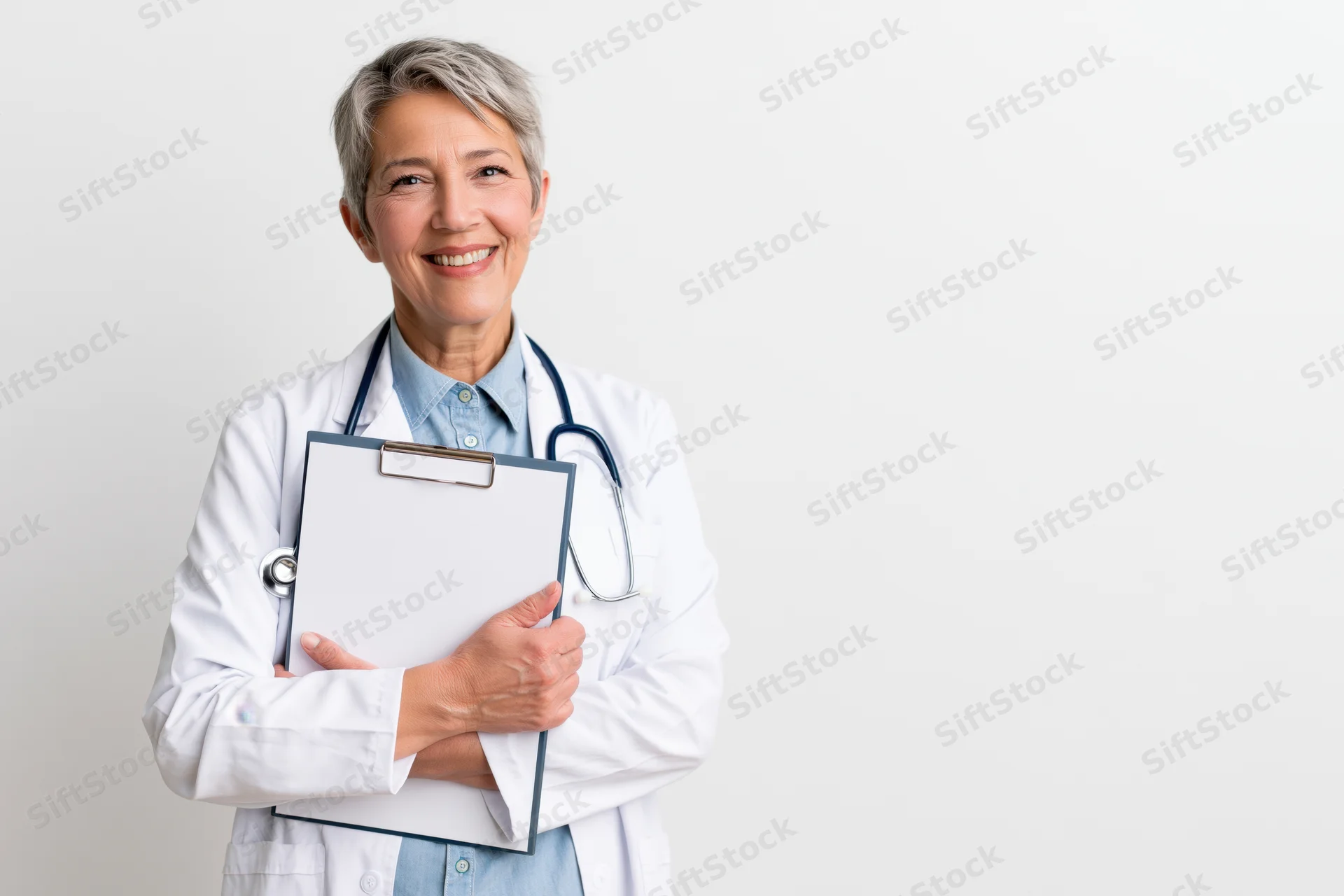 Mature woman doctor in white coat holding clipboard, smiling at camera against plain white background