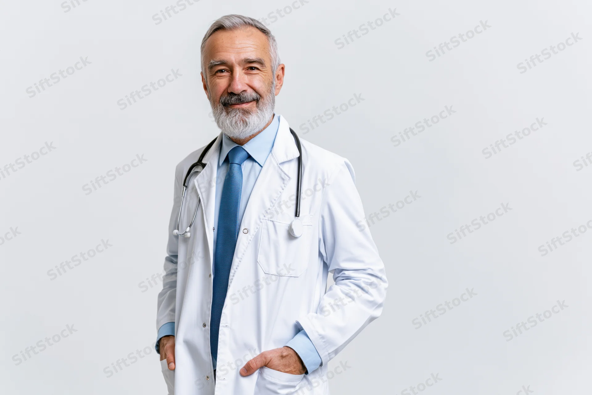 Senior male doctor in white lab coat with stethoscope smiling confidently against plain background