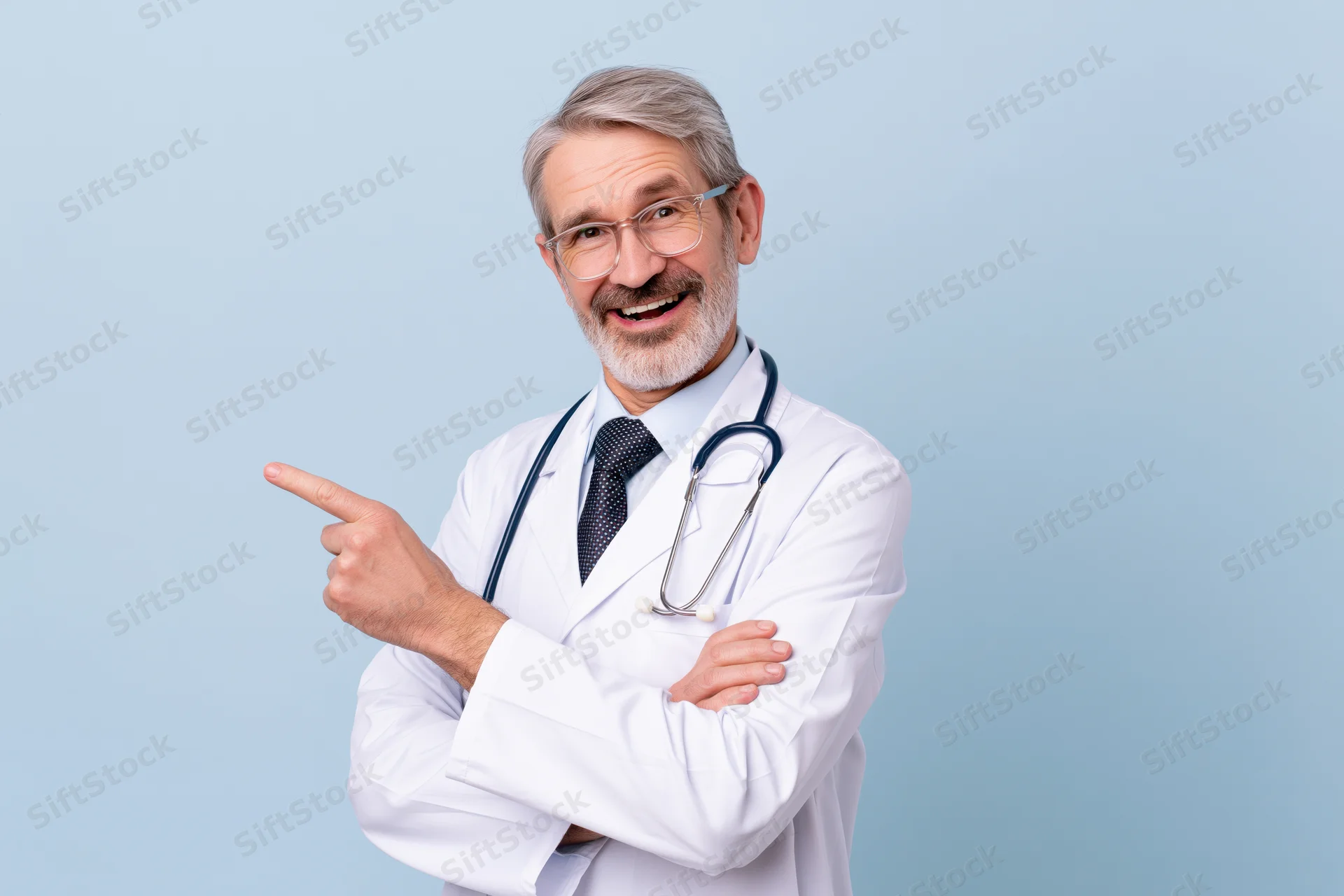 Senior male doctor in white lab coat pointing with smile, arms crossed, against light blue background
