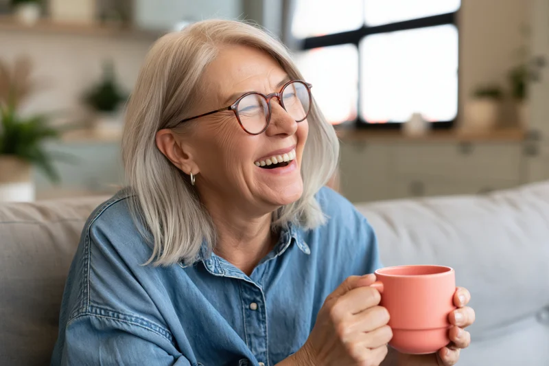 Senior woman laughing while holding a pink mug on a couch in a living room