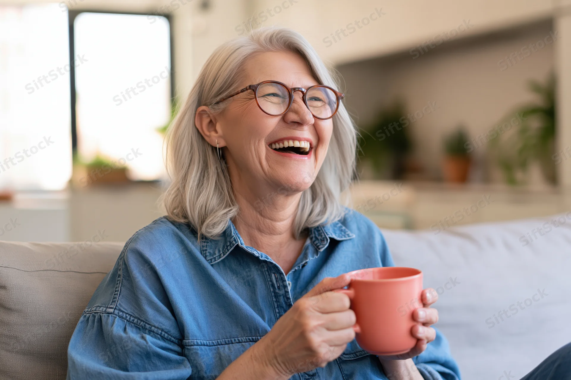 Senior woman laughing while holding a pink mug on a couch in a living room