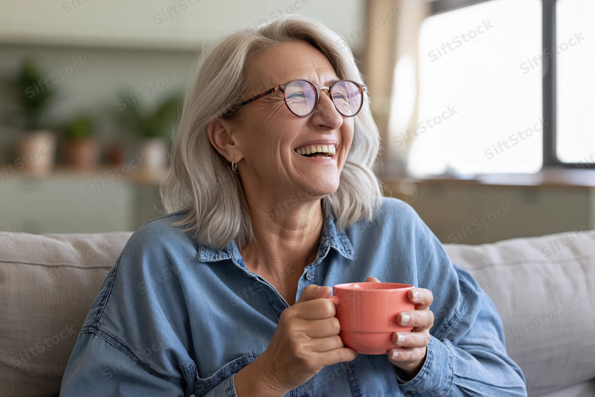 Senior woman laughing while holding a pink mug on a couch in a living room