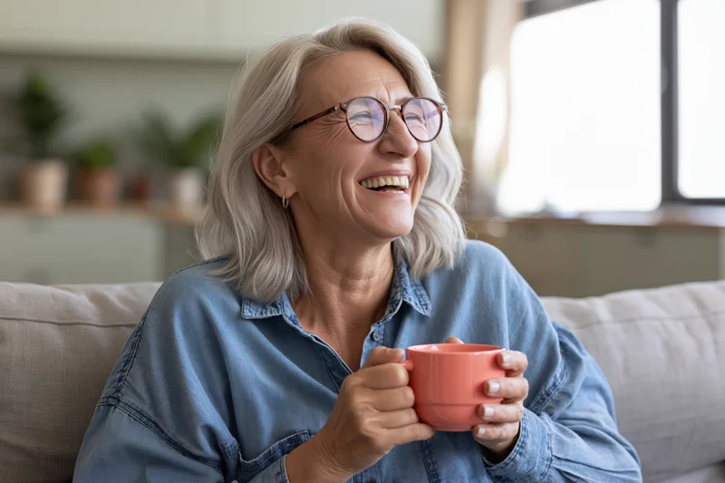Senior woman laughing while holding a pink mug on a couch in a living room
