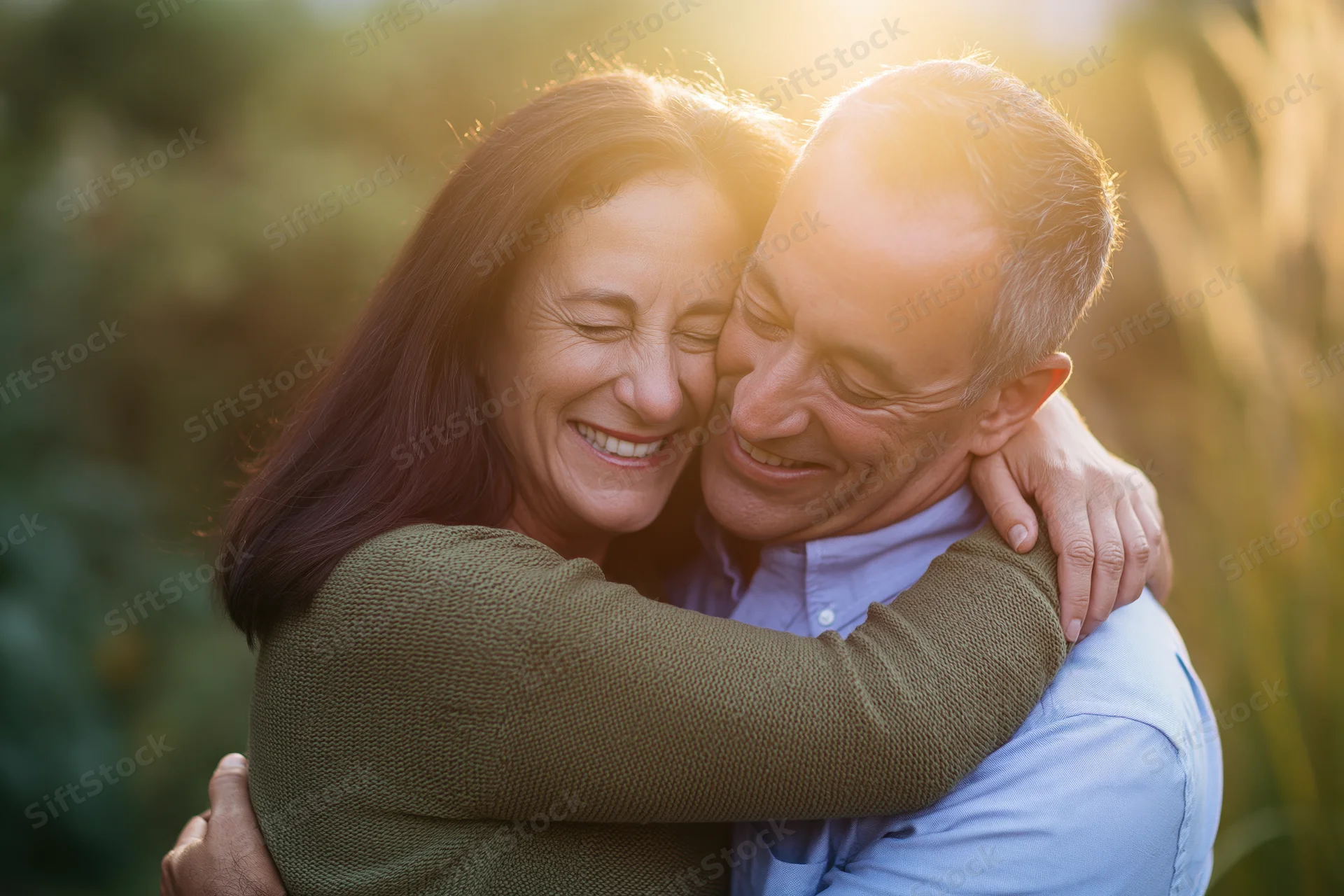 Mature couple embracing outdoors in a garden at golden hour