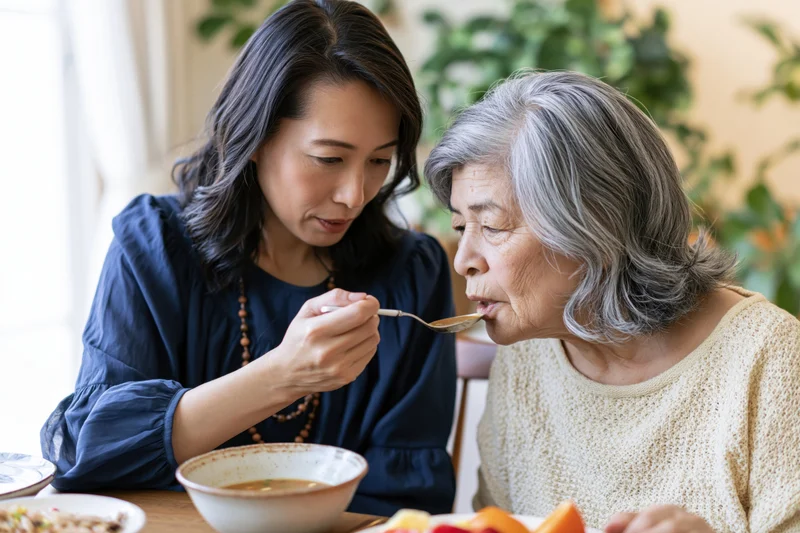 Middle-aged asian woman feeding soup to her senior mother at home dining table