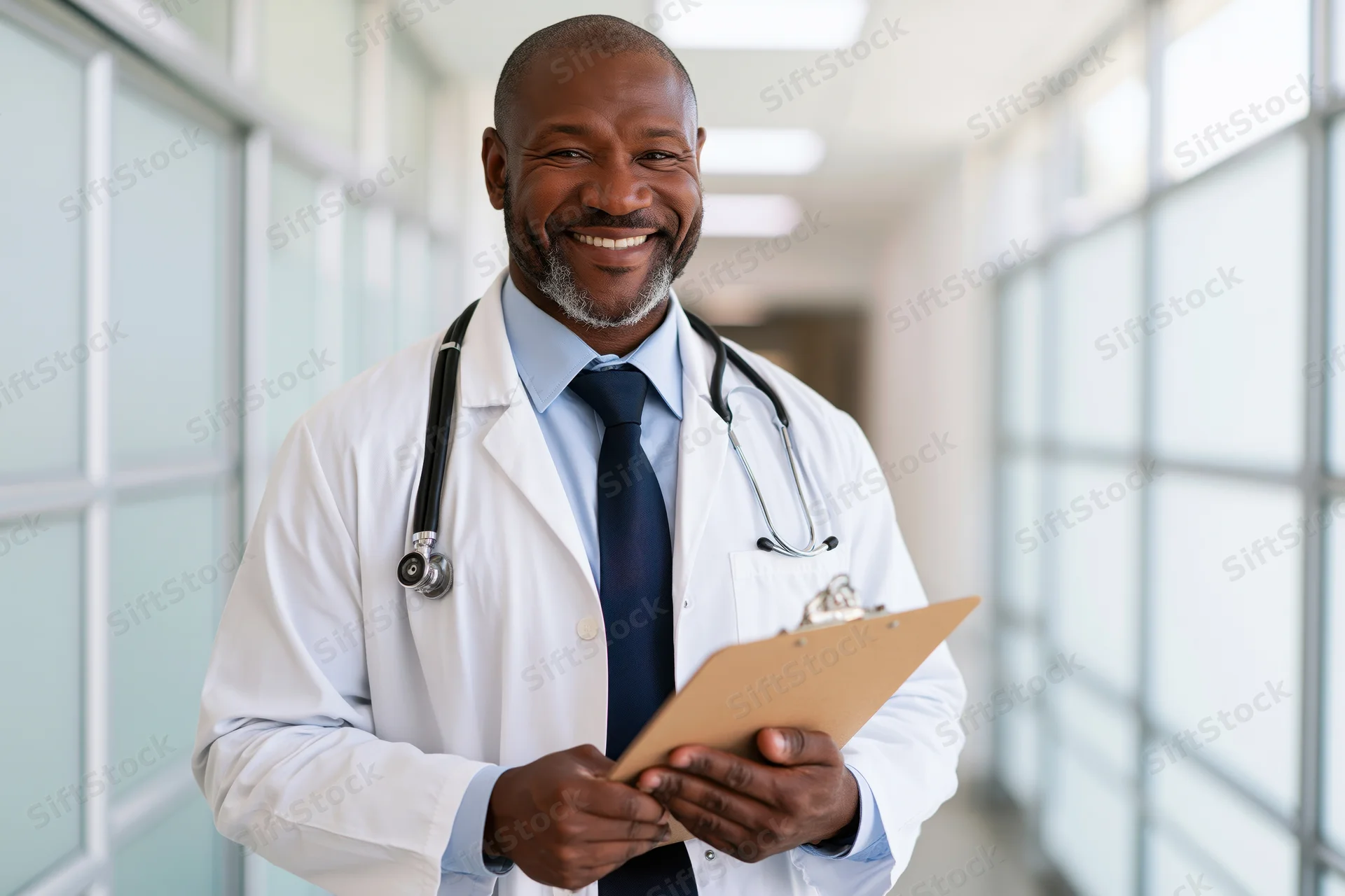 Middle-aged black male doctor smiling while holding clipboard in hospital hallway