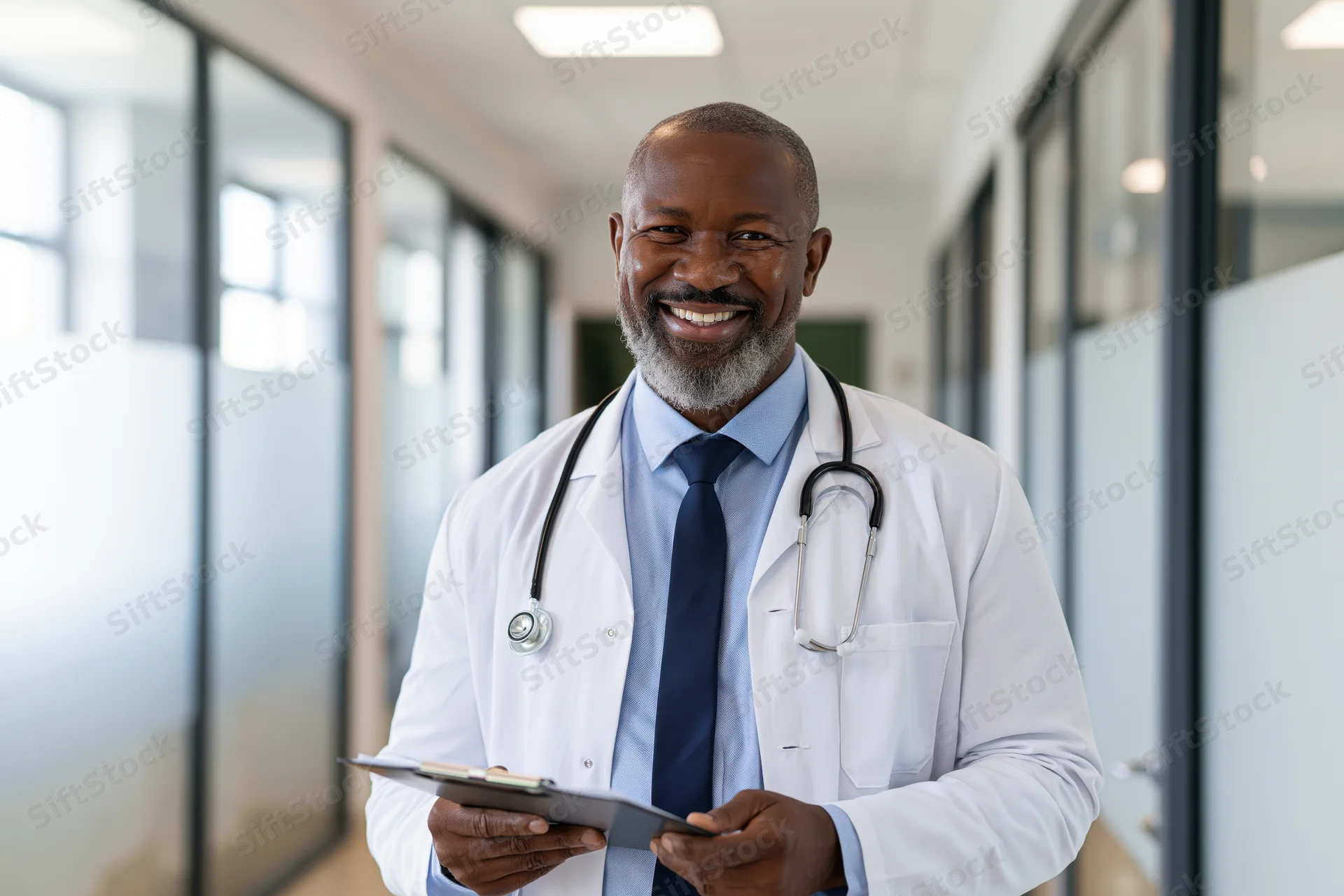 Smiling black male doctor in lab coat holding clipboard in hospital corridor